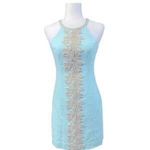 Lilly Pulitzer Pearl 6 Whisper Blue Embroidered Gold Shift Dress GORGEOUS Teal
